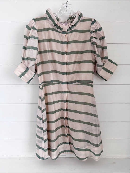 Buru Dresses & Skirts - Ruffled Collar Midi Dress in Blush and Olive Stripes - BURU boutique brand